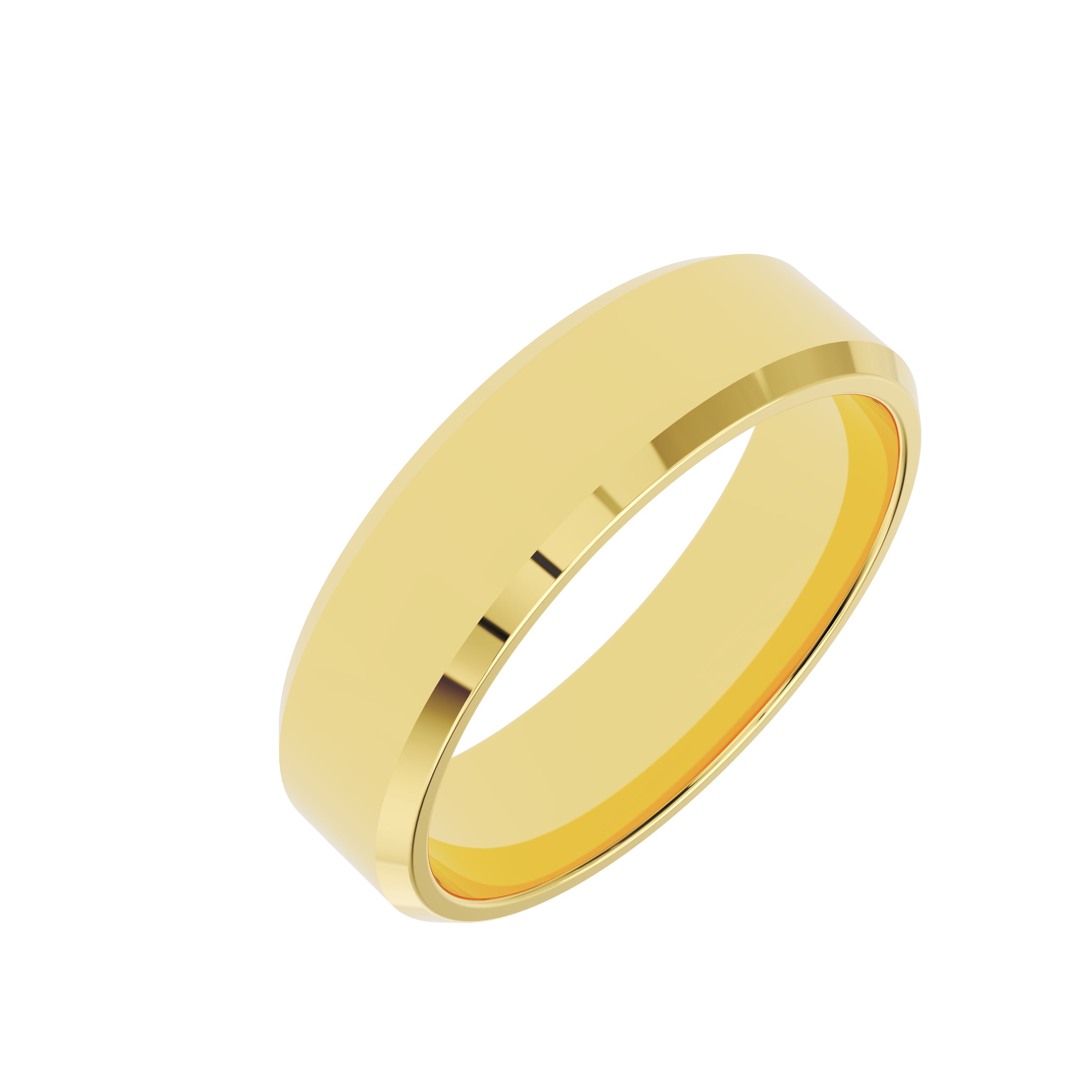 6mm beveled edge men’s wedding band in solid 14K yellow gold, angle view
