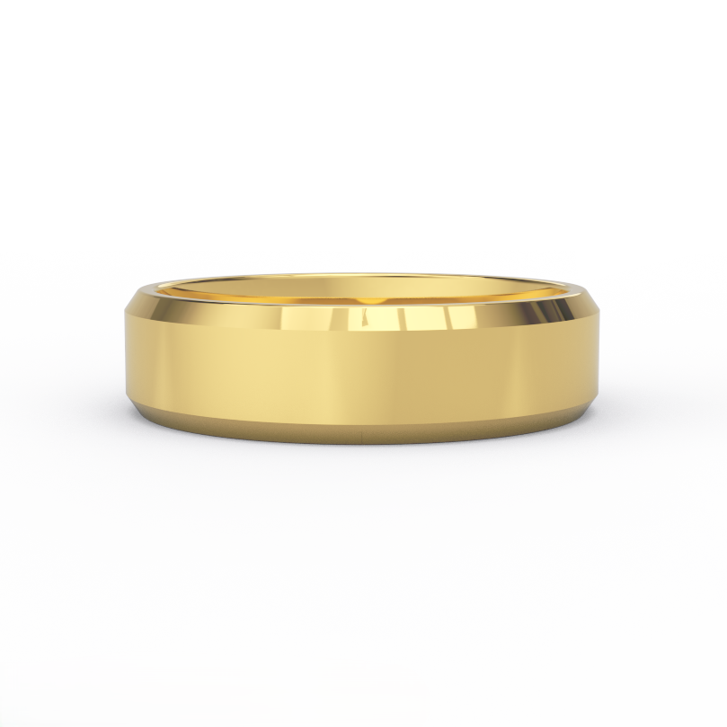 6mm beveled edge men’s wedding band in solid 14K yellow gold, front view