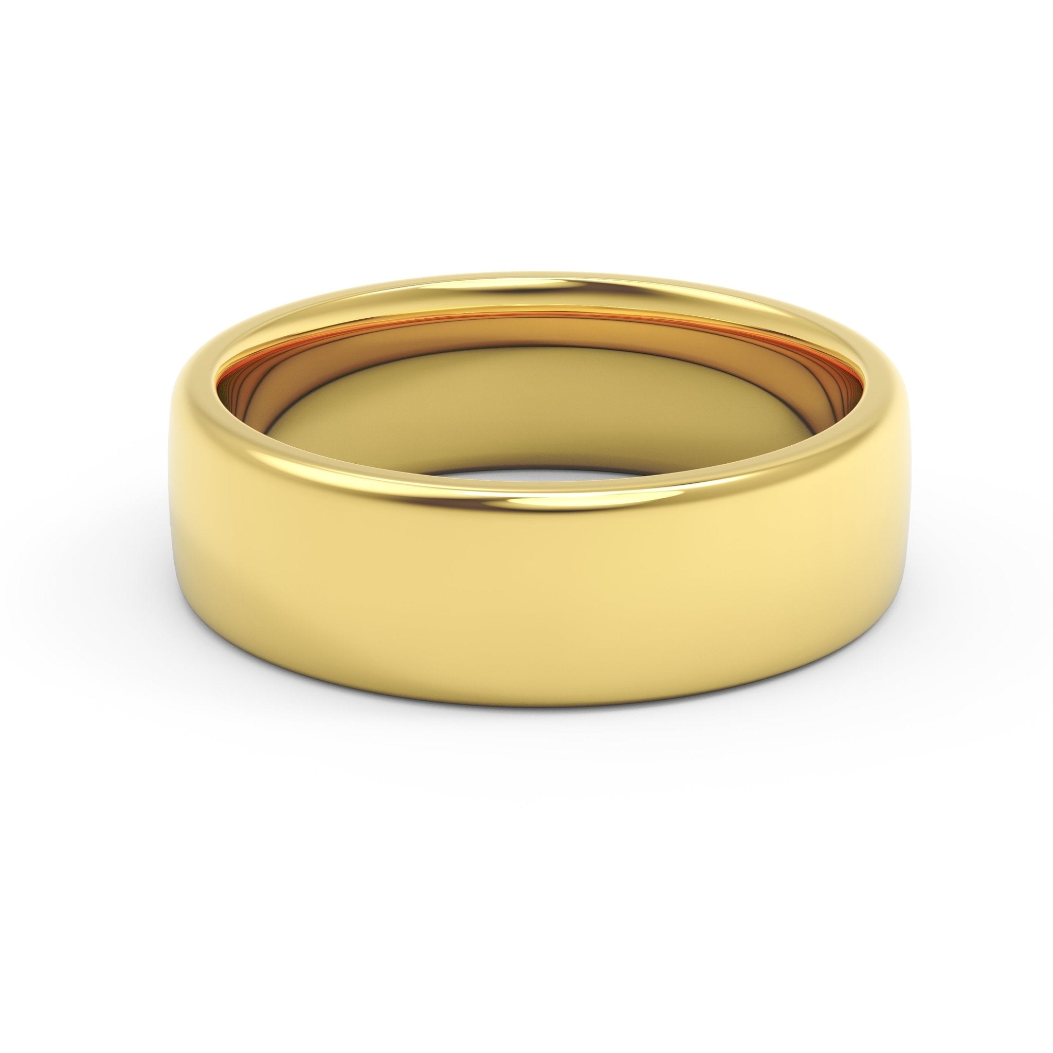 rounded edge 6mm comfort fit wedding ring in gold laid down and closed up view - Black Pearl of Queens