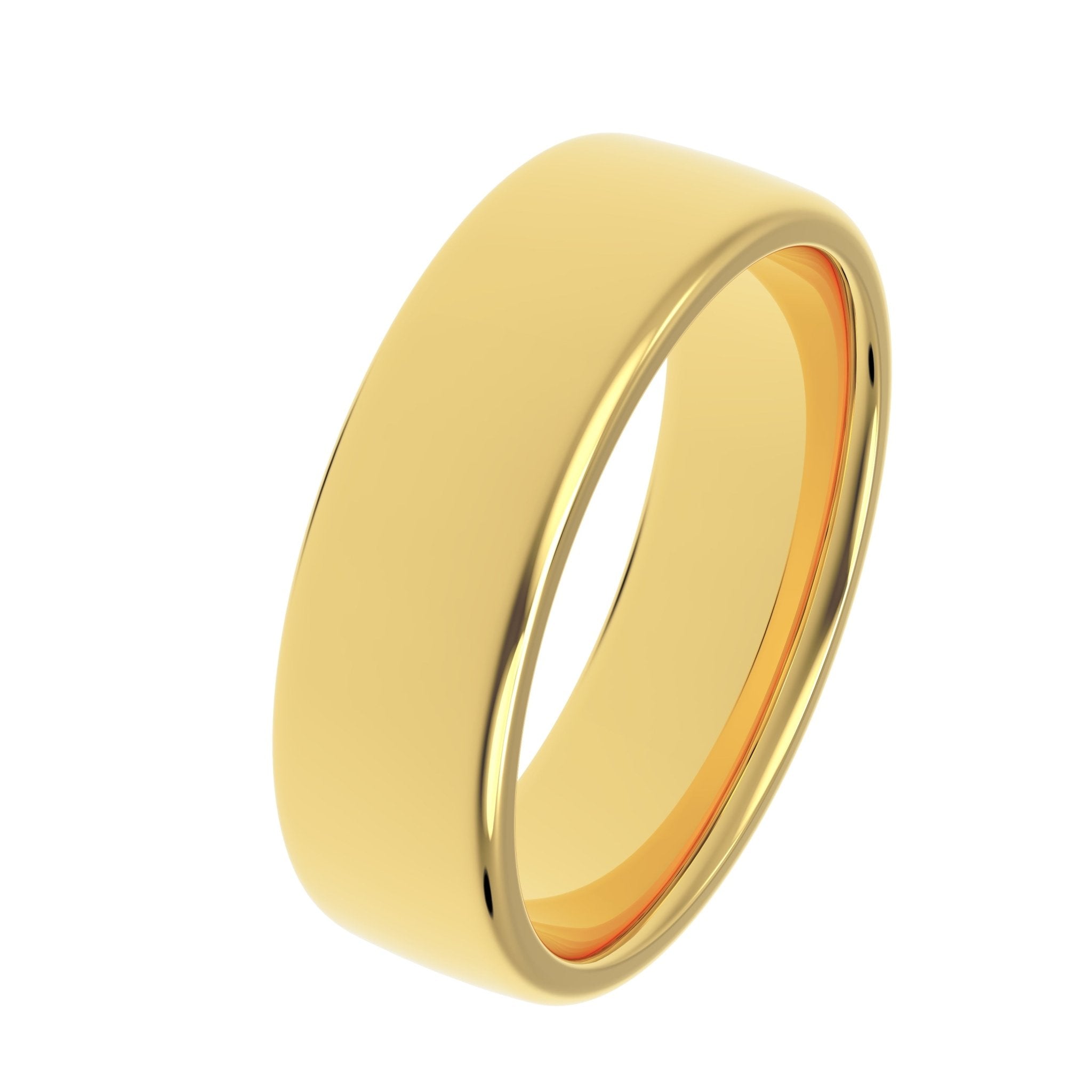 rounded edge 6mm comfort fit wedding ring in gold laid down and closed up view - Black Pearl of Queens