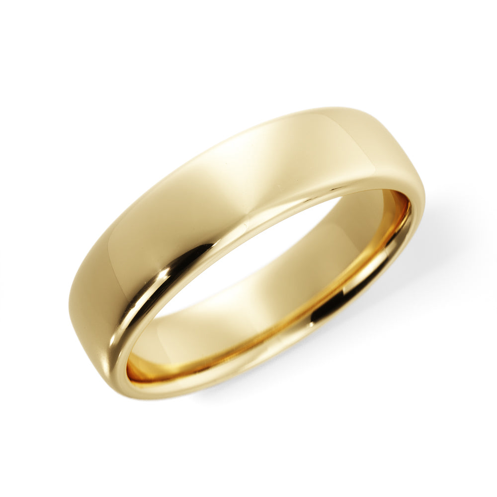 rounded edge 6mm comfort fit wedding ring in gold laid down and closed up view - Black Pearl of Queens