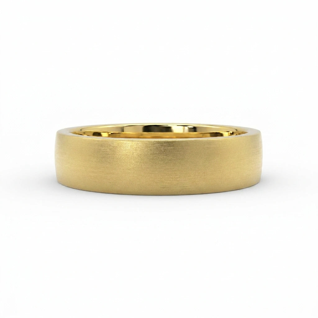 6mm low dome brushed wedding band in yellow gold with brushed finish