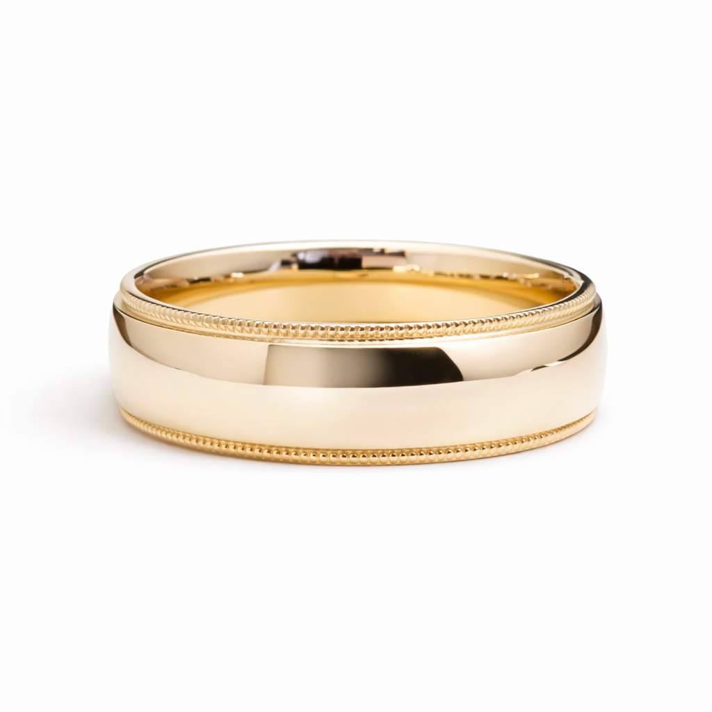 6mm milgrain wedding band in solid 14k yellow gold, high polish finish