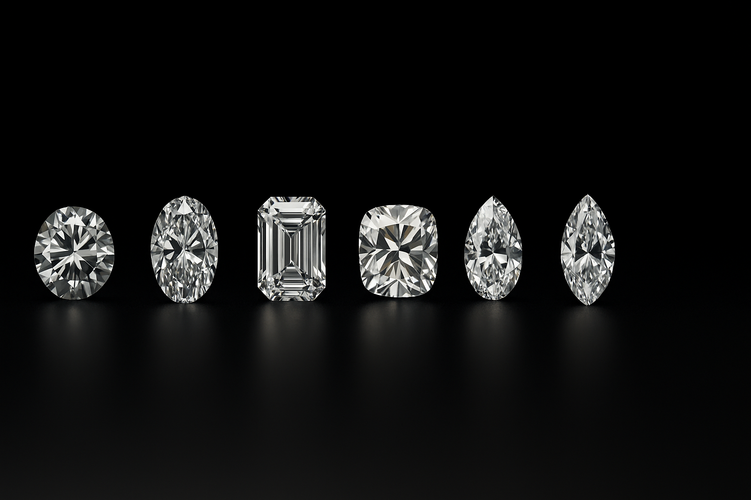 Set of six diamonds in different shapes on a black background