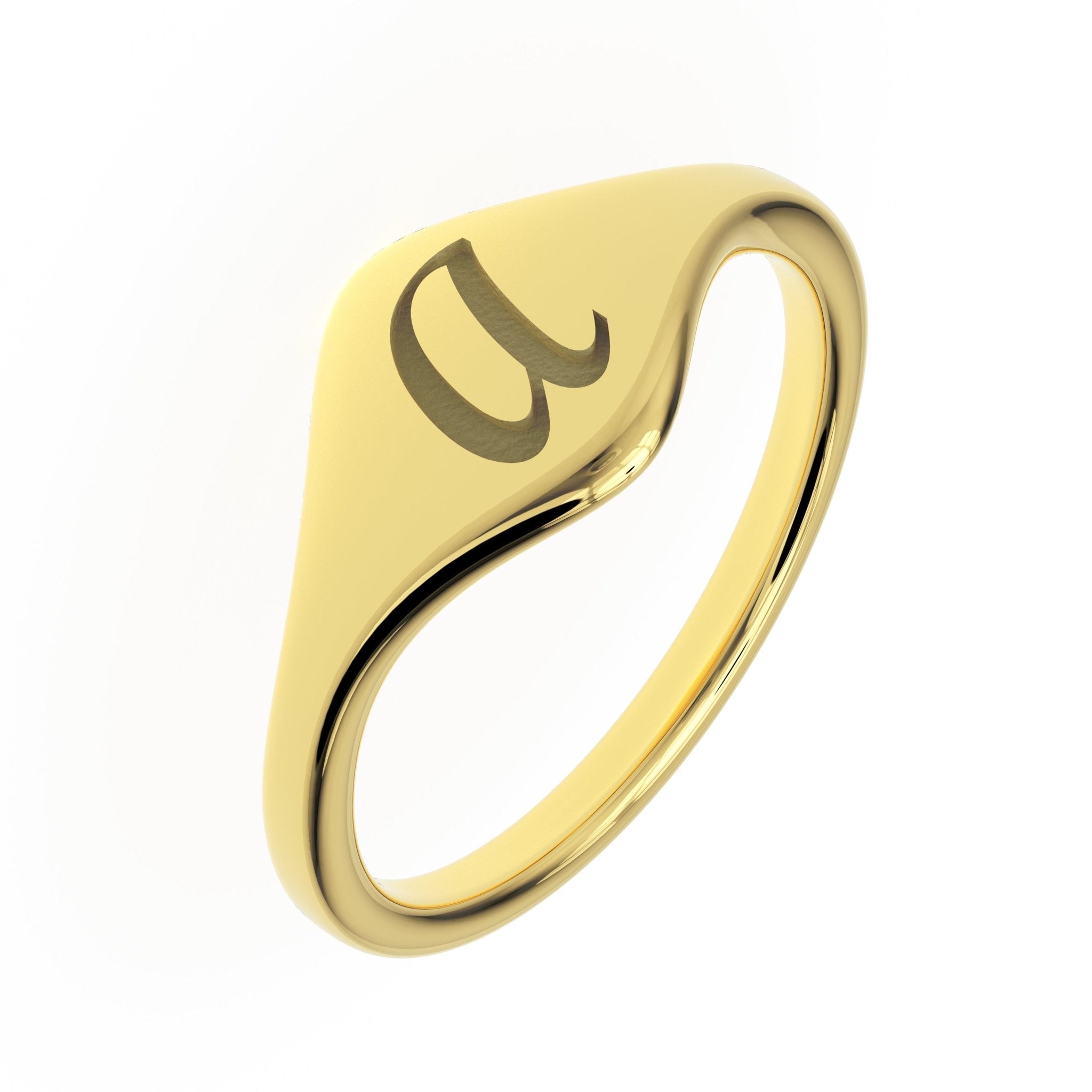 A initial signet ring - engraved in cursive font in 14k gold and angle vie - Black Pearl of Queens