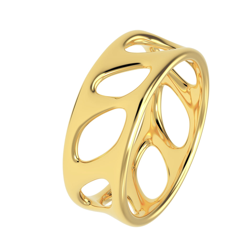 Side view of 14K gold olive leaf band showing smooth openwork design