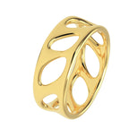 Side view of 14K gold olive leaf band showing smooth openwork design