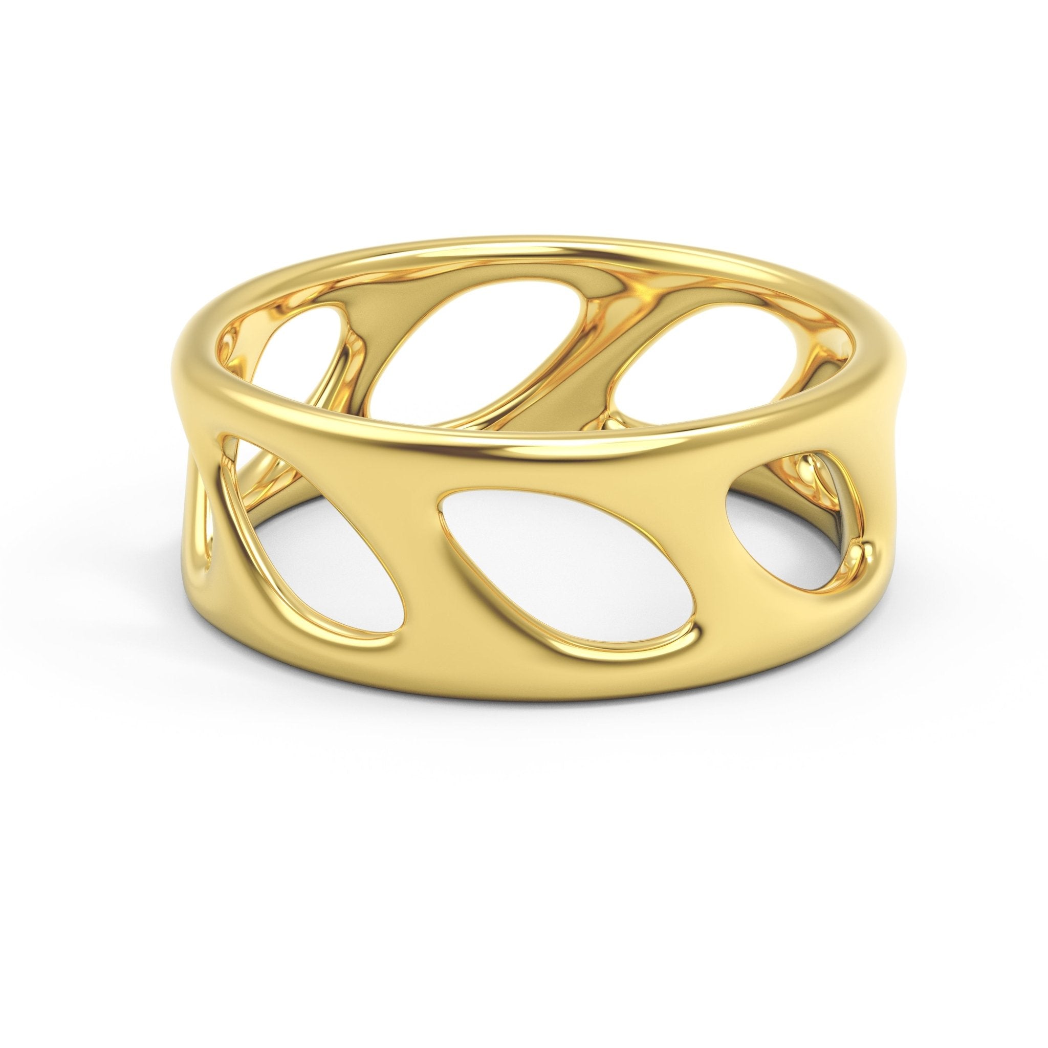 14K gold openwork olive leaf band ring on wood background