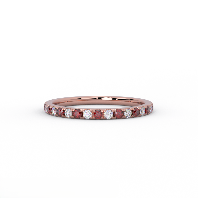 Alternating ruby and diamond half eternity band in 14K rose gold - front view