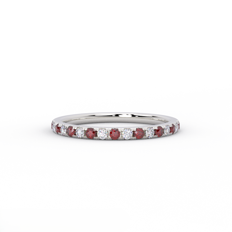 Alternating ruby and diamond half eternity band in 14K white gold - front view