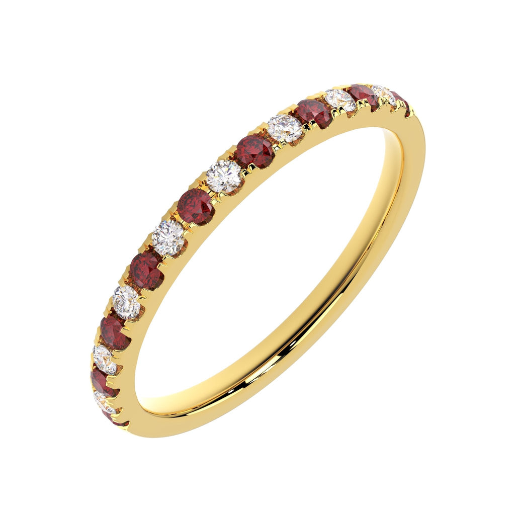 Side angle of ruby and diamond half eternity ring in yellow gold