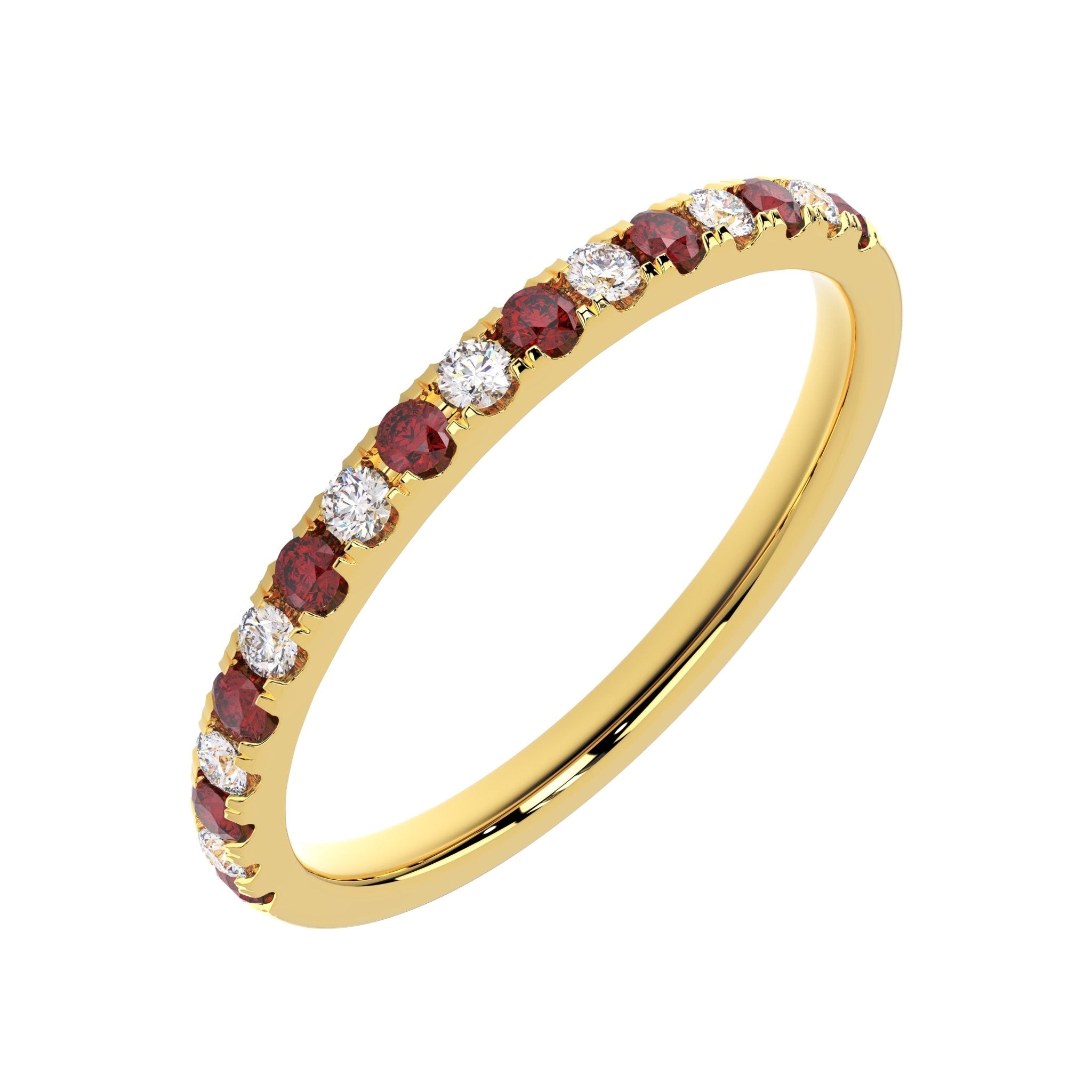 Side angle of ruby and diamond half eternity ring in yellow gold