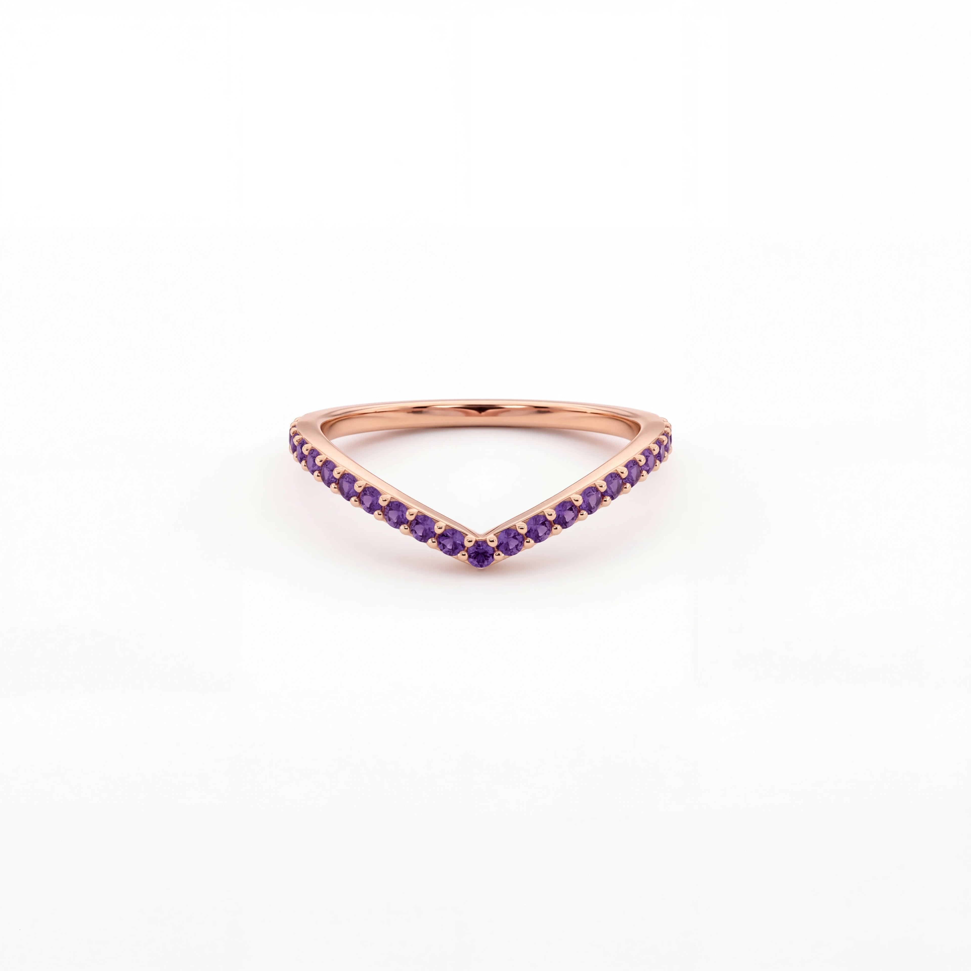 Amethyst wishbone pavé ring in 14K rose gold, front view — Black Pearl of Queens