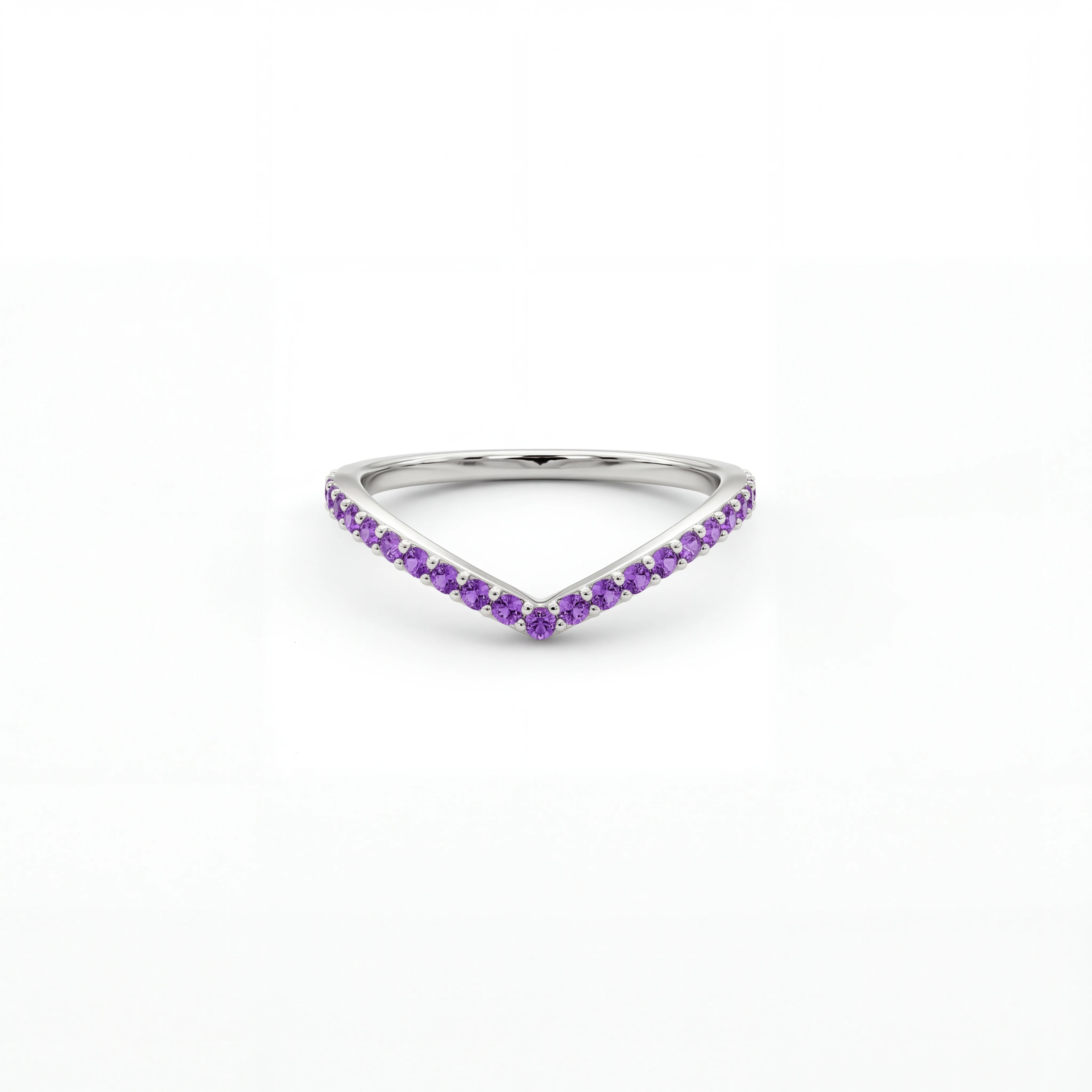 Amethyst wishbone pavé ring in 14K white gold, front view — Black Pearl of Queens