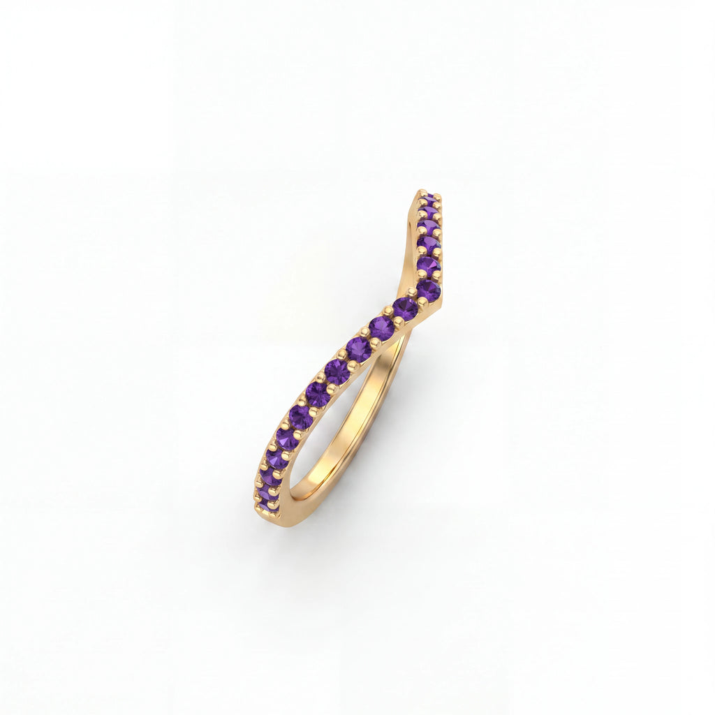 Amethyst wishbone pavé ring in 14K yellow gold, angled view showing the full band shape — Black Pearl of Queens
