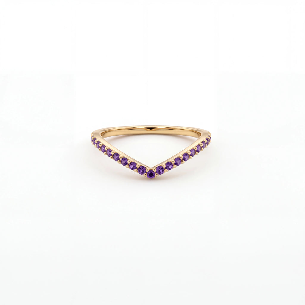 Amethyst wishbone pavé ring in 14K yellow gold, front view showing the sharp V shape — Black Pearl of Queens