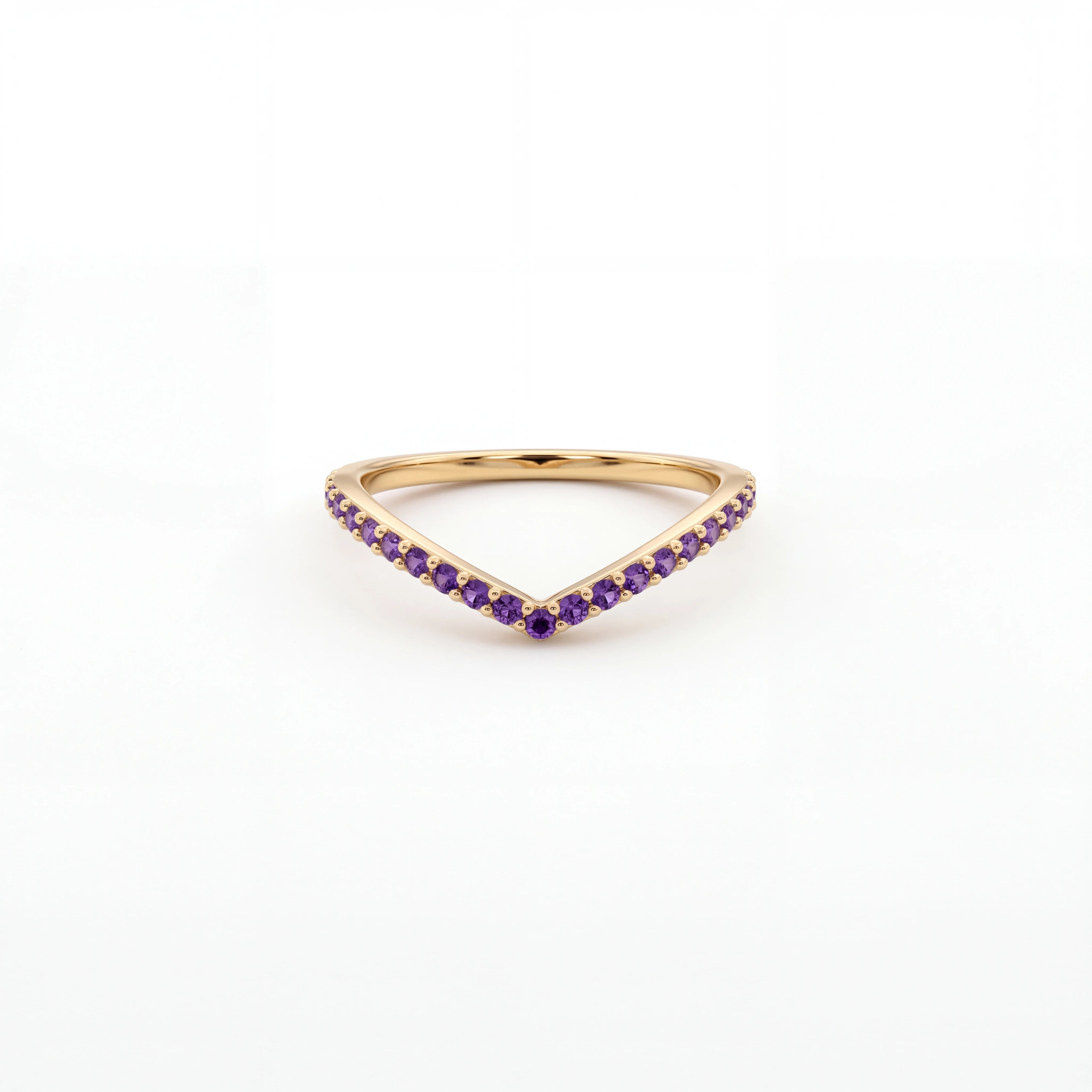Amethyst wishbone pavé ring in 14K yellow gold, front view showing the sharp V shape — Black Pearl of Queens