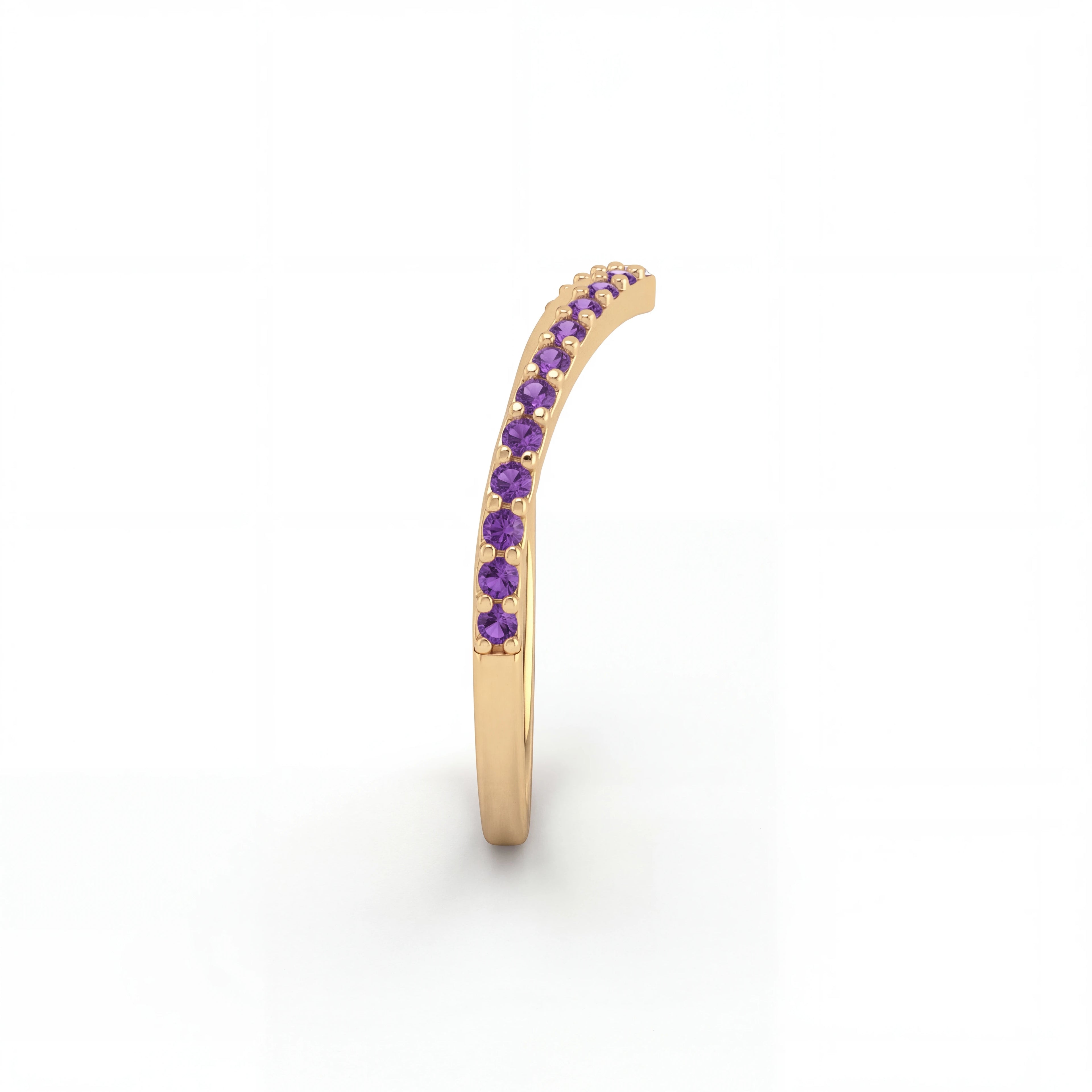 Amethyst wishbone pavé ring in 14K yellow gold, side profile showing the V shape and stone row — Black Pearl of Queens