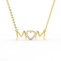 Amora MOM lab-grown diamond heart necklace in 14K yellow gold, script MOM pendant with pave heart