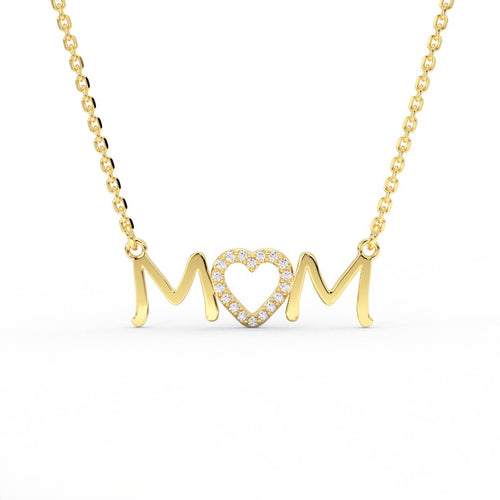Amora MOM lab-grown diamond heart necklace in 14K yellow gold, script MOM pendant with pave heart