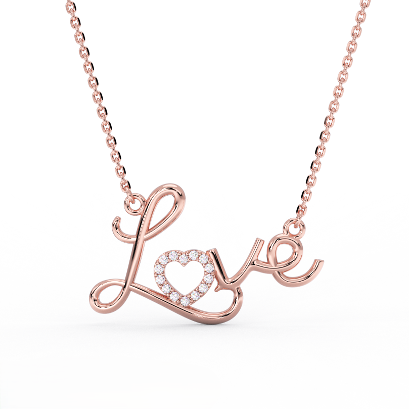 Amora Script Love Diamond Necklace in 14K rose gold - front view showing romantic pink gold script pendant