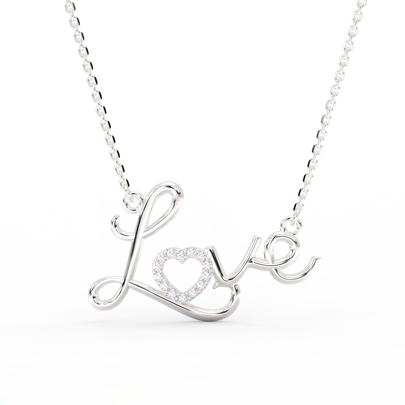 Amora Script Love Diamond Necklace in 14K white gold - front view showing bright white gold cursive Love pendant