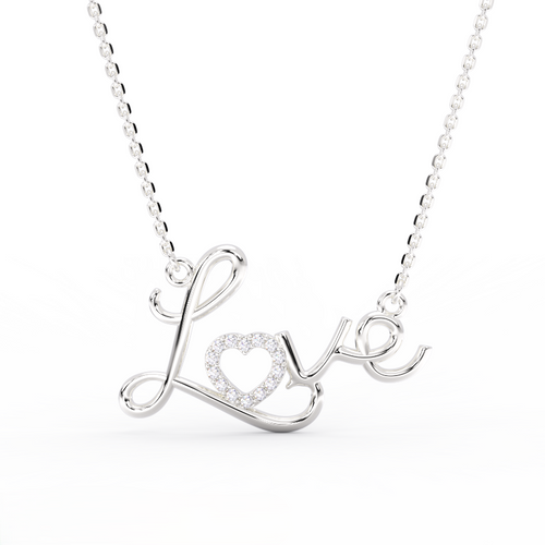 Amora Script Love Diamond Necklace in 14K white gold - front view showing bright white gold cursive Love pendant