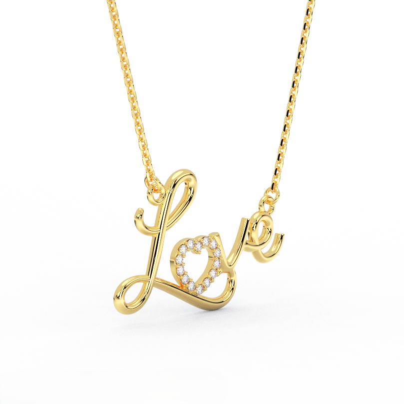 Amora Script Love Diamond Necklace in 14K yellow gold - angle view showing flowing cursive script and diamond heart