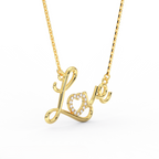 Amora Script Love Diamond Necklace in 14K yellow gold - angle view showing flowing cursive script and diamond heart