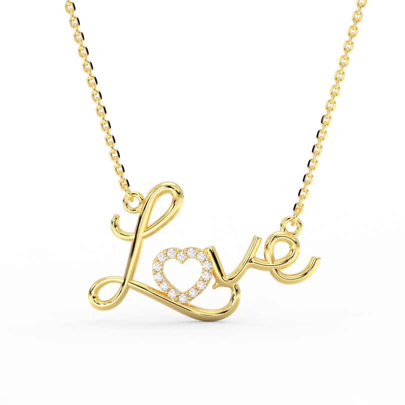 Amora Script Love Diamond Necklace in 14K yellow gold - front view showing Love script pendant on cable chain