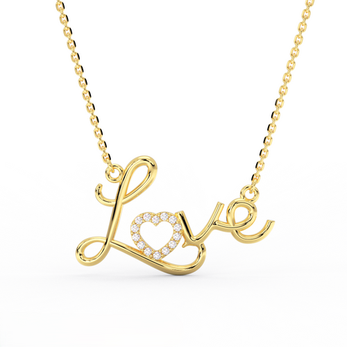 Amora Script Love Diamond Necklace in 14K yellow gold - front view showing Love script pendant on cable chain