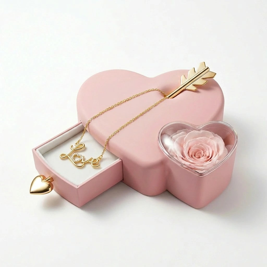 Amora Script Love Diamond Necklace in heart gift box studio shot - elegant presentation for gifting