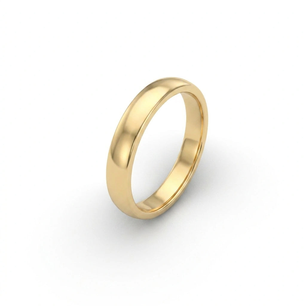 Angled view of the 4mm 14K yellow gold Triborough dome wedding band