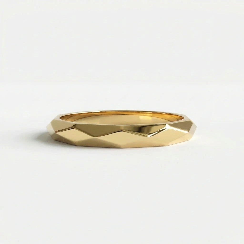 Apex Facet gold band in 14K yellow gold faceted wedding ring front view
