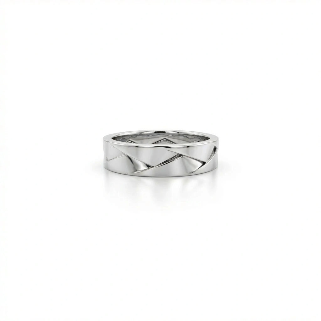 Apex interlock facet band in solid 14K white gold with angular intersecting geometric pattern
