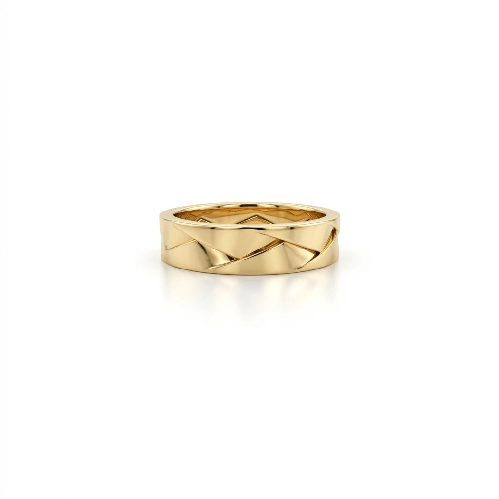 Apex interlock facet band in solid 14K yellow gold featuring bold faceted cross pattern