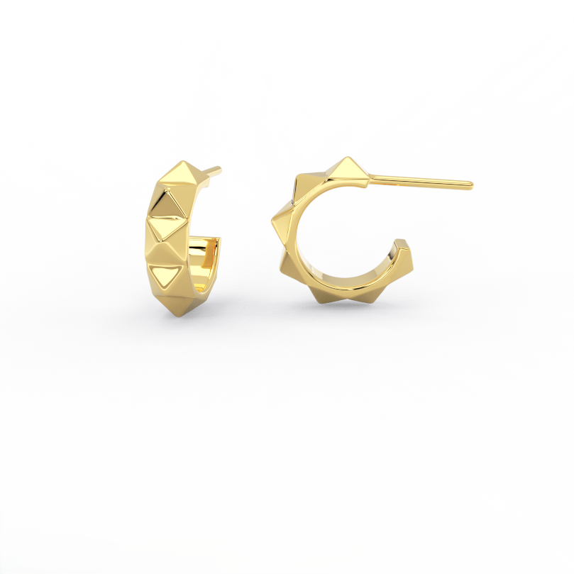 Apex Studded Huggie Earrings in 14K yellow gold with geometric pyramid stud design