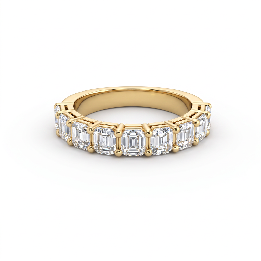 2.25ct Asscher cut Lab-Grown Diamond half eternity band in 14K yellow gold, front view