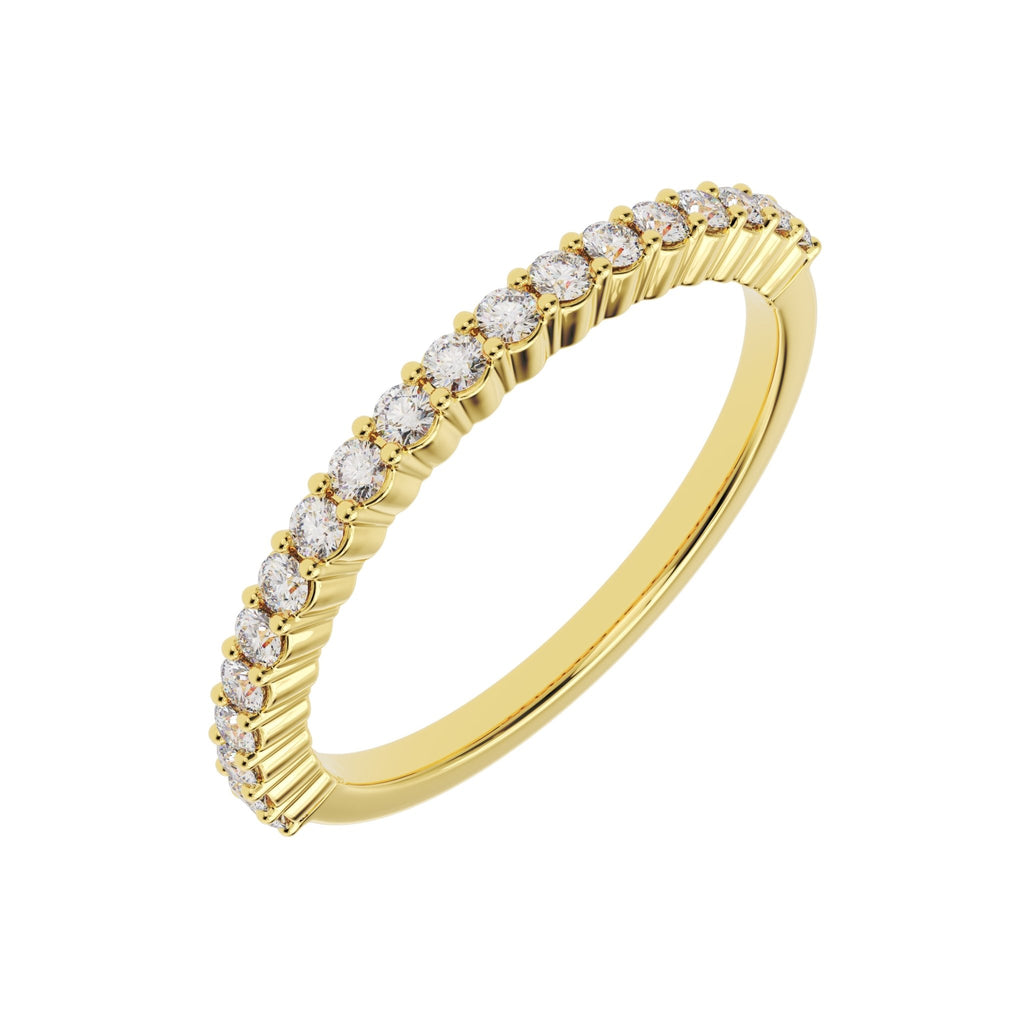 1.5mm micro shared prong diamond wedding band featuring 0.22 CTW lab grown diamonds 14k yellow gold - angle view