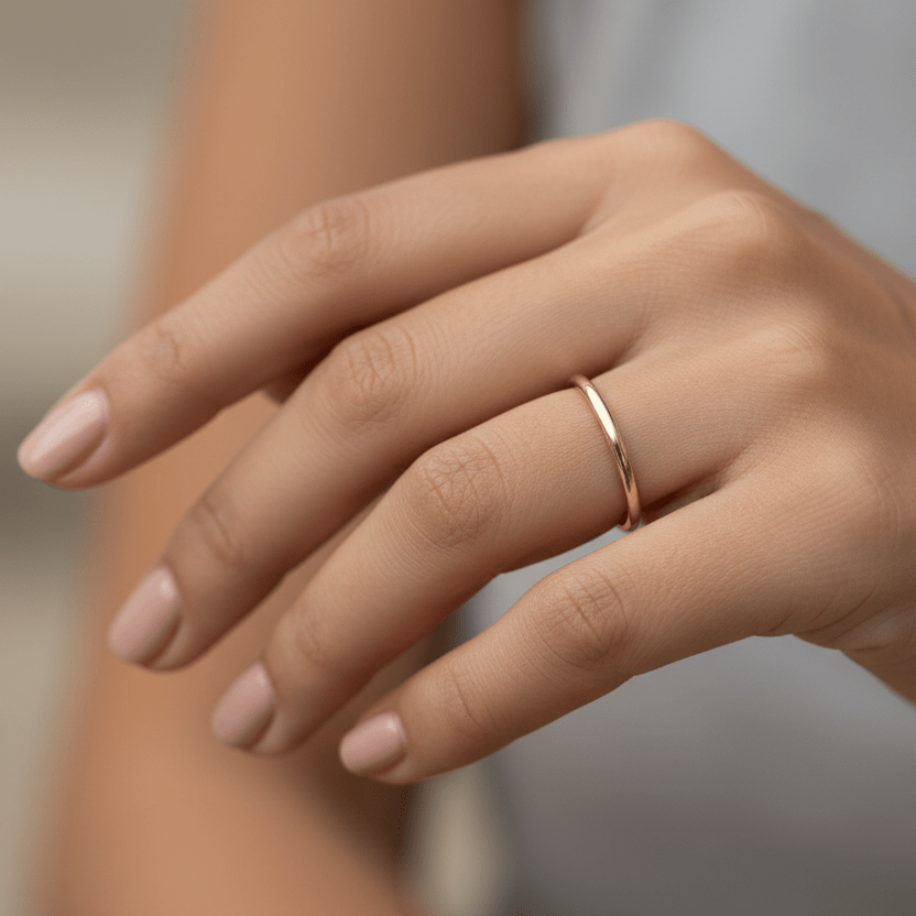 Ultra-thin 1.5mm 14K yellow gold women’s wedding band worn on hand in a natural lifestyle UGC photo

