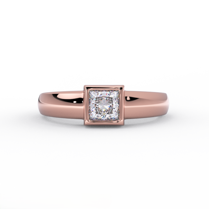 princess cut bezel diamond ring in solid 14K rose gold – front view