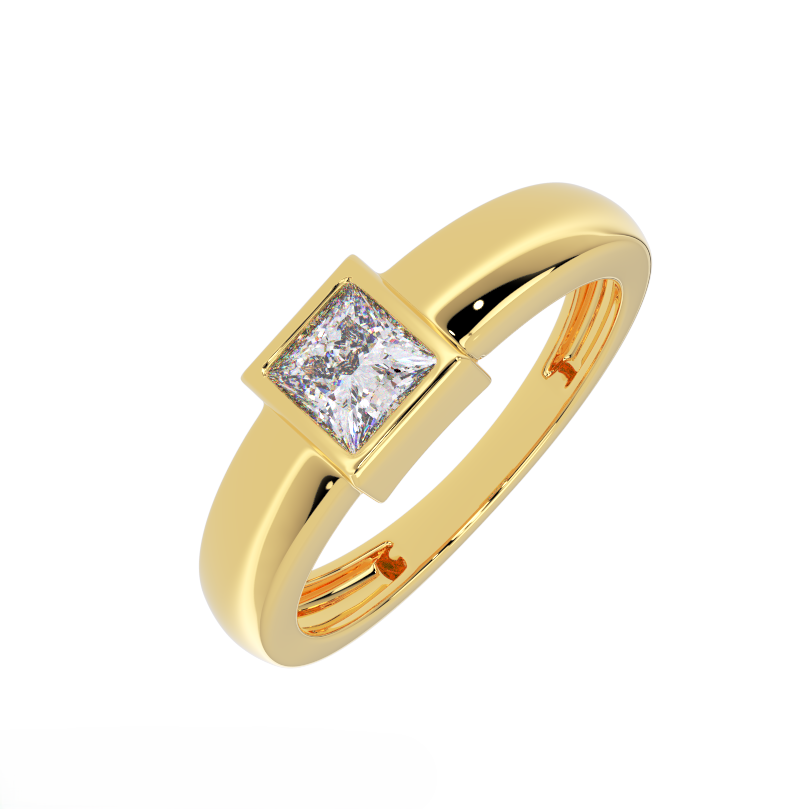 bezel set princess cut diamond ring showing low profile – angled view