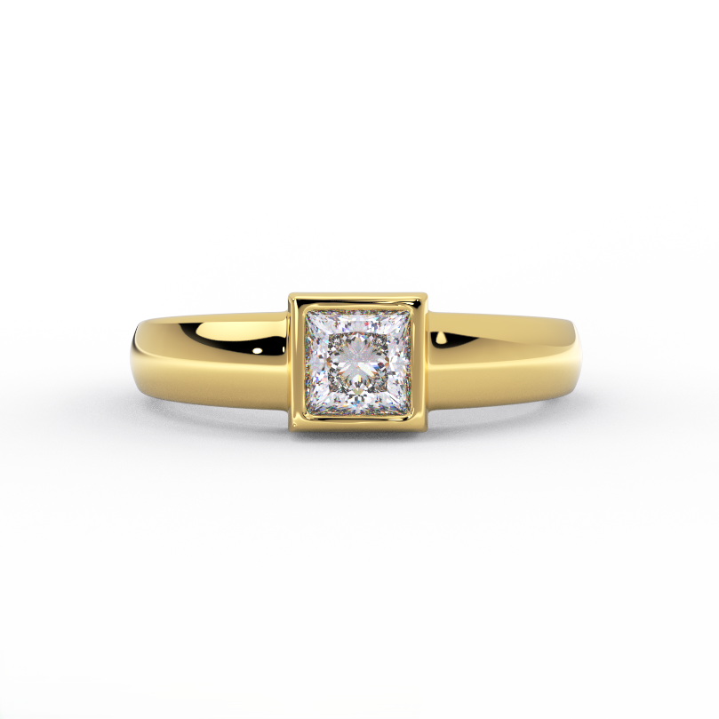 princess cut bezel diamond ring in solid 14K yellow gold – front view