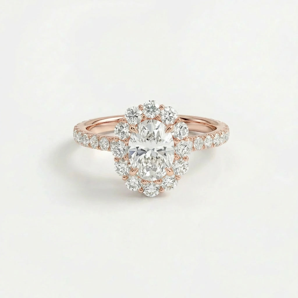 Aurelia Bloom oval diamond engagement ring in 14K rose gold with floral halo and pave band