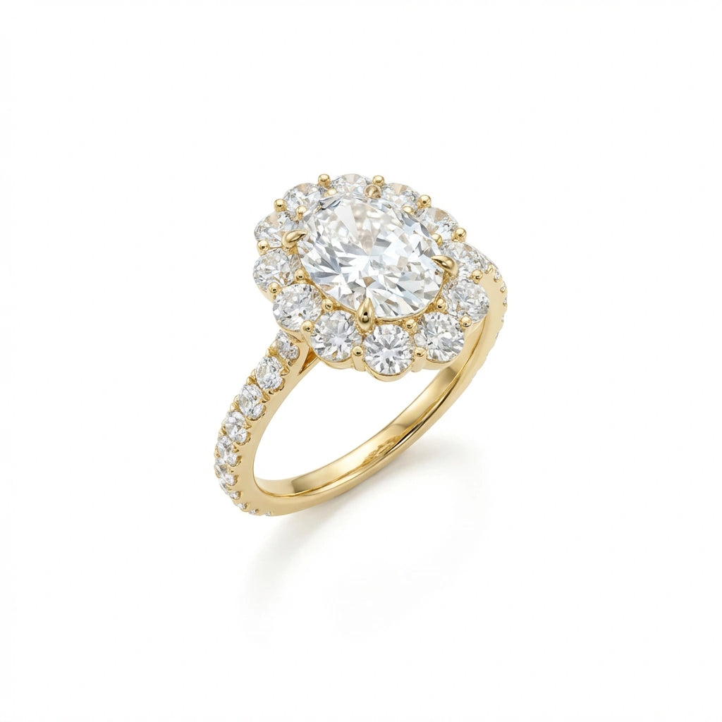 Aurelia Bloom oval diamond engagement ring angled view highlighting floral halo and diamond pave band