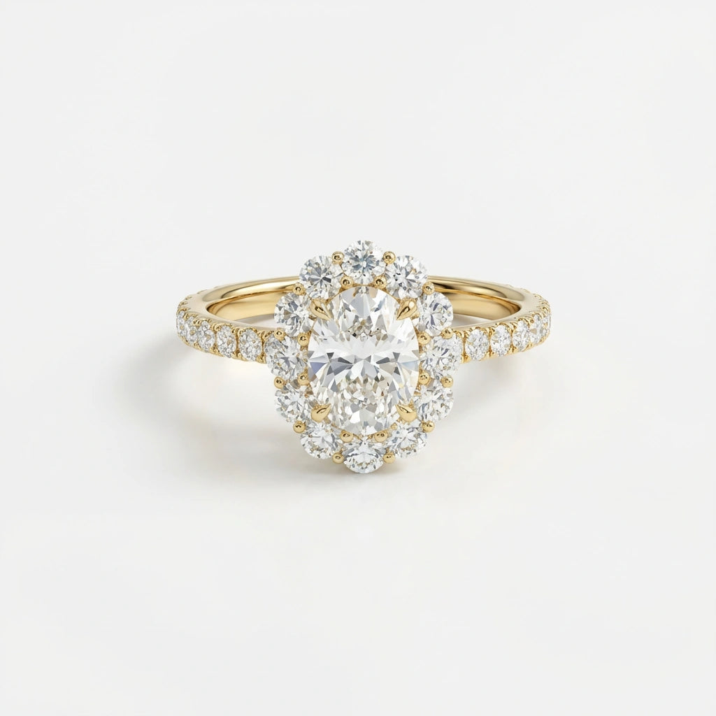 Aurelia Bloom oval diamond engagement ring in 14K yellow gold with oval center stone and floral halo design