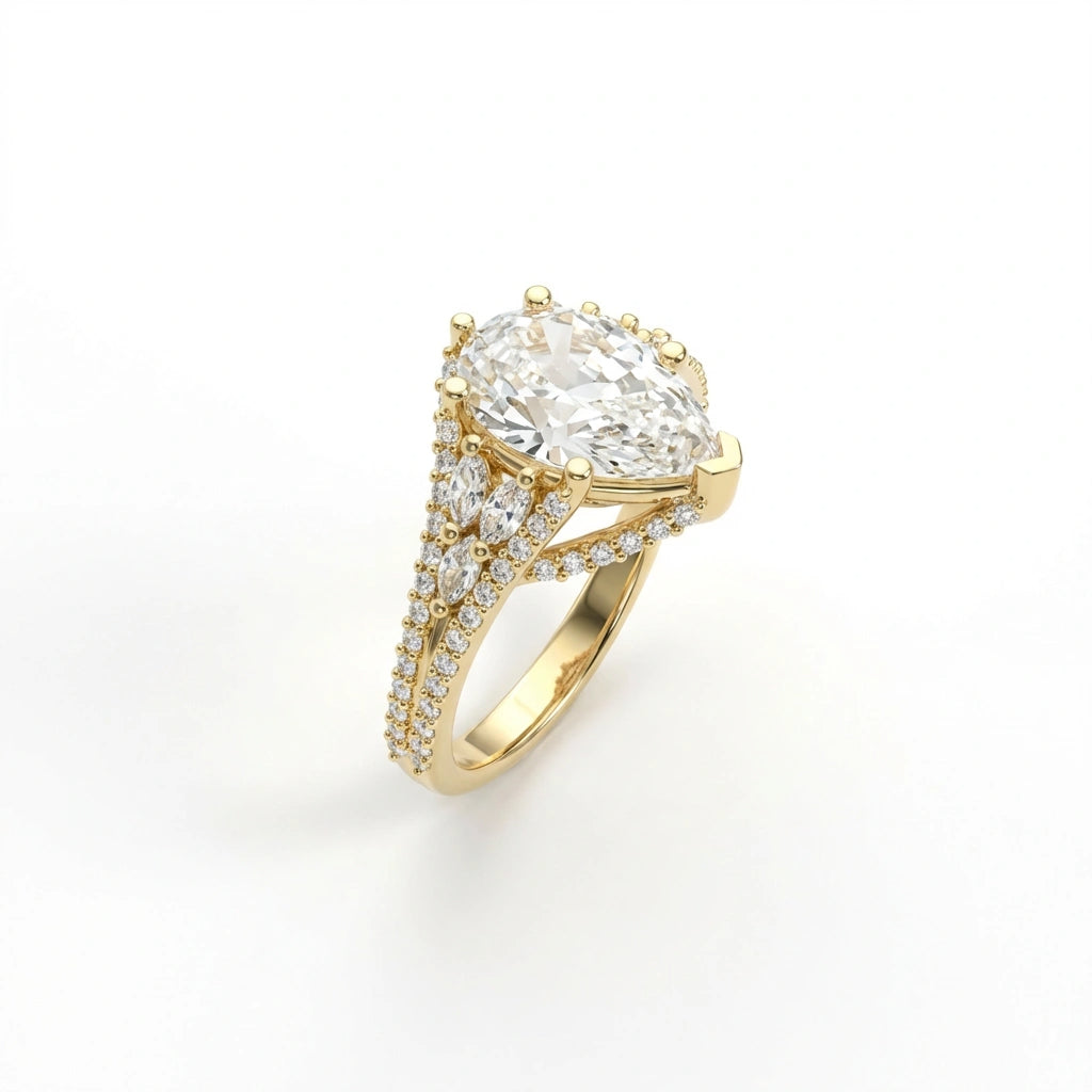 Aurelia Crown Pear Diamond Ring in 14K white gold - front view showing brilliant pear diamond and halo
