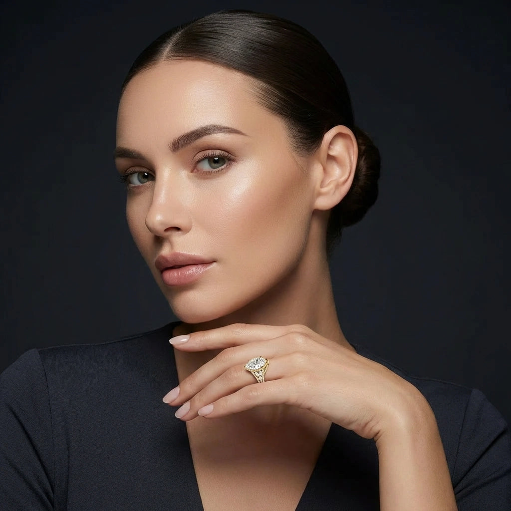 Aurelia Crown Pear Diamond Engagement Ring on hand - elegant model portrait showing the regal crown halo design
