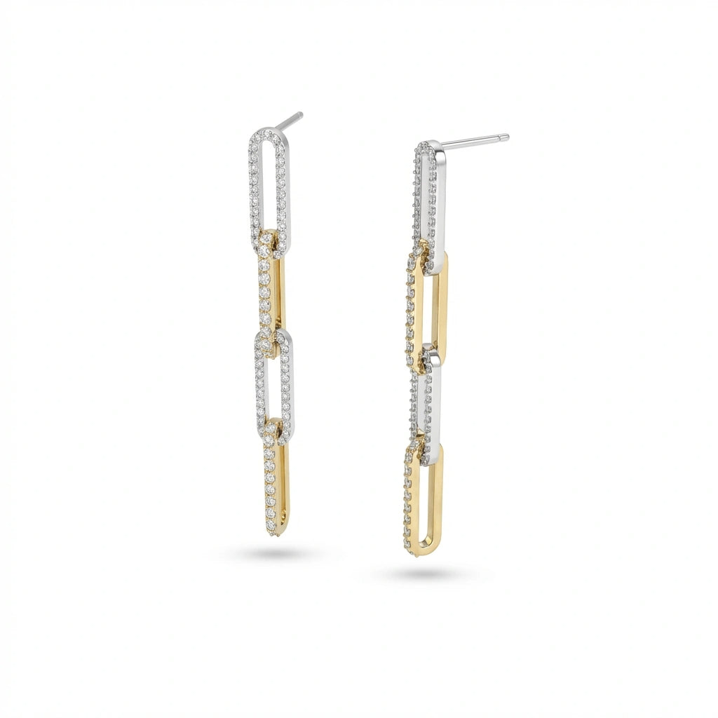Aurelia link drop diamond earrings in two-tone 14K gold and white gold featuring elongated diamond pavé links in a modern drop design