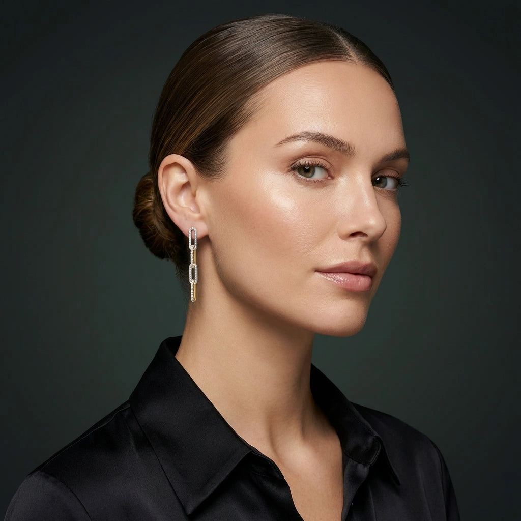 two tone diamond drop earrings gold and white gold link dangle earrings luxury modern jewelry for women